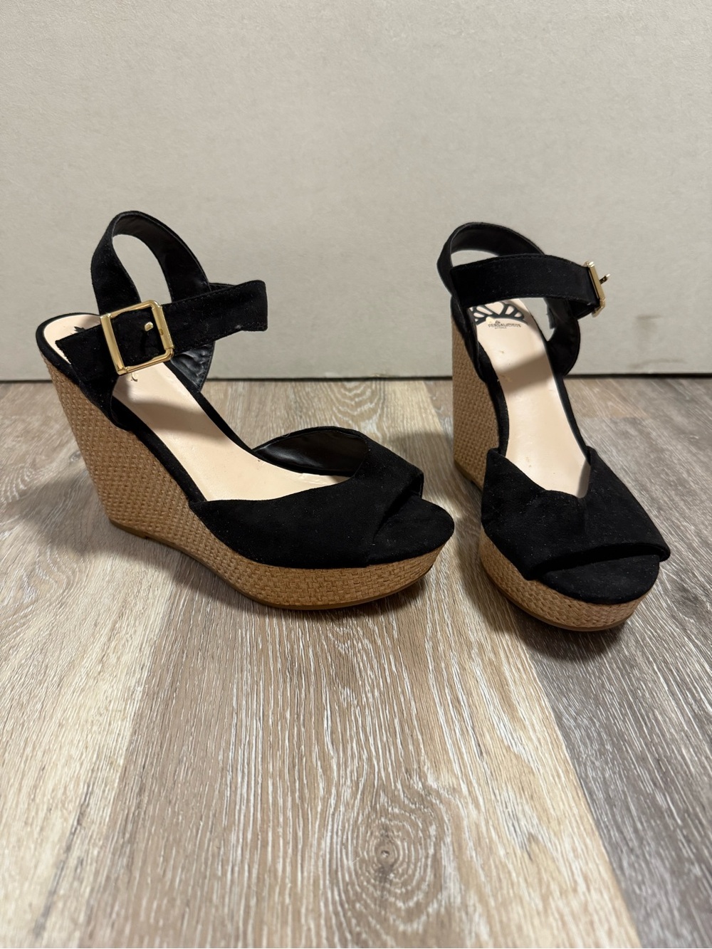 Black Suede Wedge Sandals with Ankle Strap